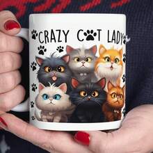 Coffee Mug, Cute Cat Design With 6 Cats And Paw Prints, White Ceramic - 白色 - 查看 5