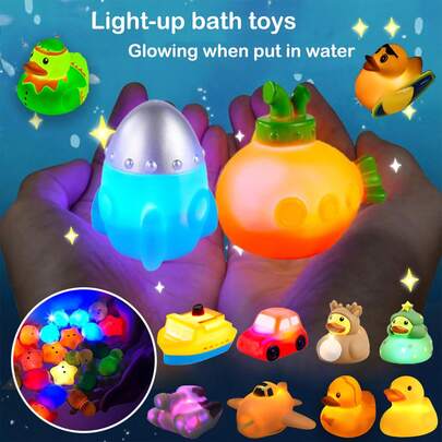 Glitter Colorful No Hole Duck&Vehicle Bath Toys Set, Light Up Bathtub Floating Water Toys, Great Gifts For Bathroom Water Tub Games Pool Party