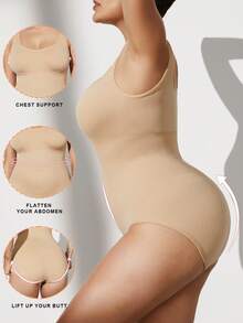 1pc Women Plus Size Seamless Bodysuit, Waist Cinching, Tummy Control, Butt Lifting - Apricot - View 3