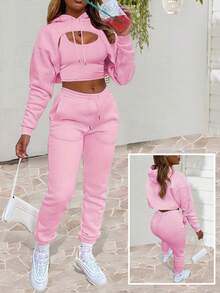 CALEBGAR Plus Size Women's Three-Piece Fleece-Lined Tracksuit, Includes Hoodie, Vest, And Long Track Pants |   Autumn/Winter Loose-Fit Casual Tracksuit |   Streetwear Sporty Style - Hồng - Xem 3