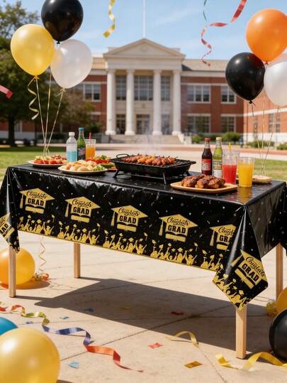 Bộ 3 khăn trải bàn chủ đề tốt nghiệp màu đen và vàng, kích thước 137x274CM (53.94x107.87IN), chất liệu nhựa chống thấm nước và chống bám bẩn, kiểu dáng sang trọng màu đen và vàng với hình mũ tốt nghiệp và dòng chữ "Chúc mừng tốt nghiệp", phù hợp cho lễ tốt nghiệp, tiệc tùng, tiệc tri ân thầy cô, các hoạt động ngoài trời và sử dụng hàng ngày.