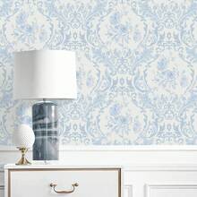 1 Roll French Light Blue Floral Self-Adhesive Wallpaper - Peel And Stick, Removable, European Palace Style Floral, Suitable For Living Room, Bedroom, Dining Room, TV Background Wall, Home Decor, Cabinet, Bookshelf, Furniture Renovation, 17.32in Wide, Renter-Friendly, Home DIY Decor, Holiday Atmosphere Wallpaper, Valentine's Day, Ramadan - Flowers - View 3