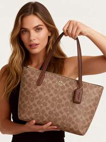 City Tote Bag In Signature Canvas Shoulder Tote Bags For Women COACH Classic Leather Printed Tote Bag Casual Bag For Daily,Shopping,Business,Travel And School,Mother's Day Leather Tote For Mom,CBT18 - 棕色 - 查看 4