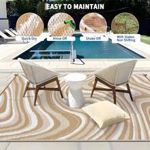 1Pcs Modern Abstract Pattern Outdoor Area Rug For Balcony Pool RV Waterproof Reversible Mat Palm Vintage Straw Plastic Camping Carpet For Patio Deck - Brown and White - View 5