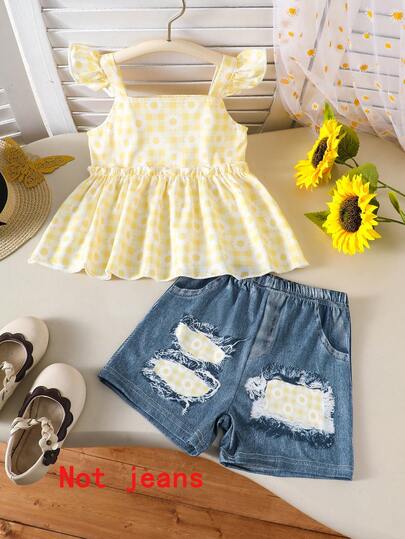 2pcs Girls Toddler Casual Plaid Floral Print Soft Comfortable Woven Camisole Top And Denim Shorts Set, Suitable For Outdoor Wear, Spring/Summer