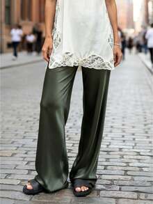Women's Spring Summer Satin Pants High Waist Solid Color Loose Wide Leg Trousers - Army Green - View 1
