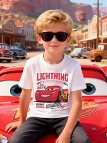 Disney Boys' T-Shirt Featuring A Creative Cartoon Print Of Lightning McQueen From Cars. Made From Soft, Comfortable, And Breathable Fabric, It's Perfect For Everyday Wear, Outings, And Activities-Making It An Ideal Gift For Kids. - trắng - Xem 1