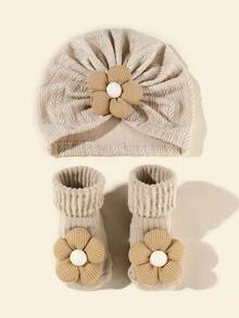 2件装 1-6个月婴儿花朵发带帽和袜子套装，可爱提花花朵帽子套装，春秋季 - 彩色 - 查看 17