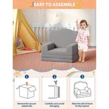 Silla de sofá para niños, con Funda Lavable, diseño de Corona, cómoda Silla de Lectura para niños, sofá Cama Plegable para Sala de Juegos, guardería, niñas y niños, Color Gris - Gris - Ver 8