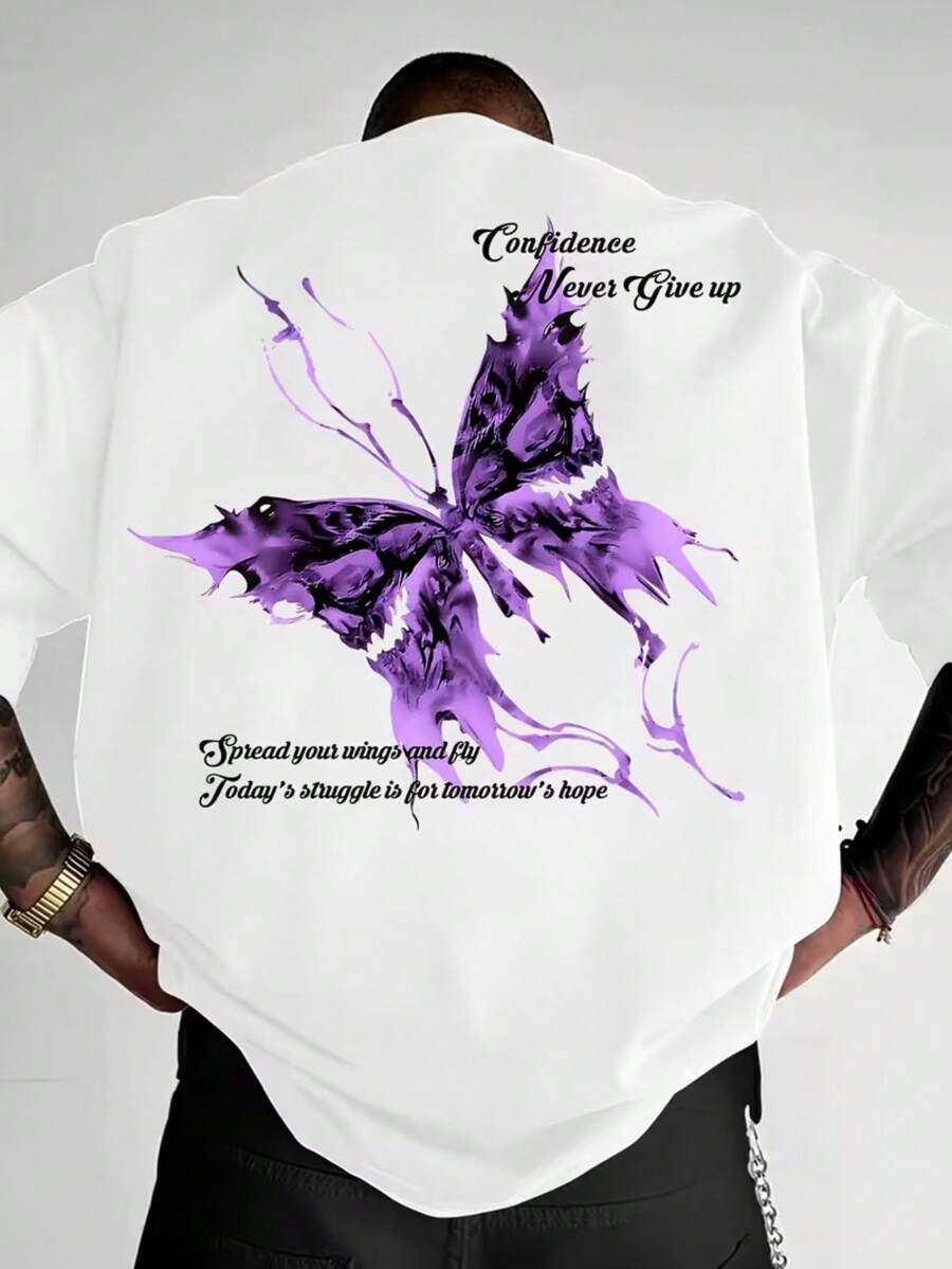 Purple Butterfly T-Shirt Unisex Men's/Women's Blouse 100% Cotton Premium Top Streetwear New Arrival Immediate Shipping Various Colors!! Plus Size - 白色 - 查看 1