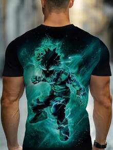 Men' 3D Anime Full-Body Print T-Shirt - Lightweight Summer Casual Tee Suitable For Casual Wear At Home Or Outdoors, Durable Comfortable Fit With Vibrant Anime Characters - 黑色 - 查看 2