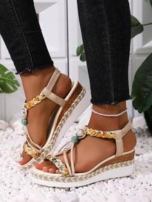 女士时尚圆头串珠波西米亚风厚底坡跟凉鞋 - 米色 - 查看 7