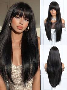 28 Inch Black Heat Resistant Synthetic Machine Wefted Bangs Wig, Elegant Style, Natural Fluffy And Soft Heat Resistant Synthetic Full Machine Wefted Wig, Suitable For Daily Wear, Music Festivals, Parties, Cosplay, Also A Great Gift For Friends - 黑色 - 查看 11
