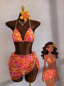 女士性感蝴蝶印花露背比基尼三件套，系带设计，含纱笼裙，适合夏季海滩度假，波西米亚风格 - 彩色 - 查看 2