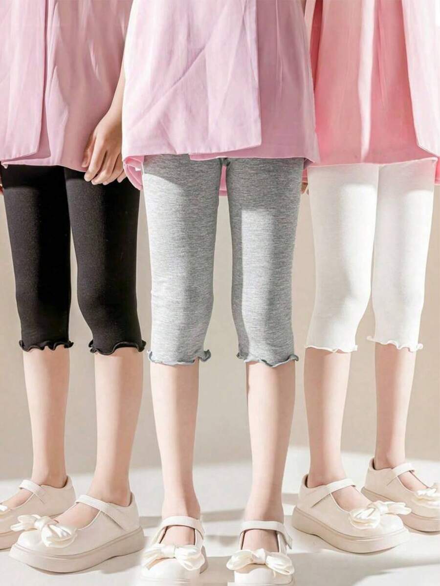 3pcs/Pack Young Girl' Soft & Comfortable White Frill Trim Leggings, Versatile Layering Pants For Spring & Autumn - Multicolor - View 1