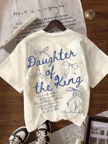 “国王的女儿”图案T恤，圣经美学信仰女装，休闲圆领短袖T恤，背面印有文字，夏季款 - 淺杏色 - 查看 2