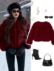 女士优雅修身轻薄仿狐狸毛外套，短袖奢华仿皮草大衣，欧美新款热销，冬季款 - 酒紅色 - 查看 1