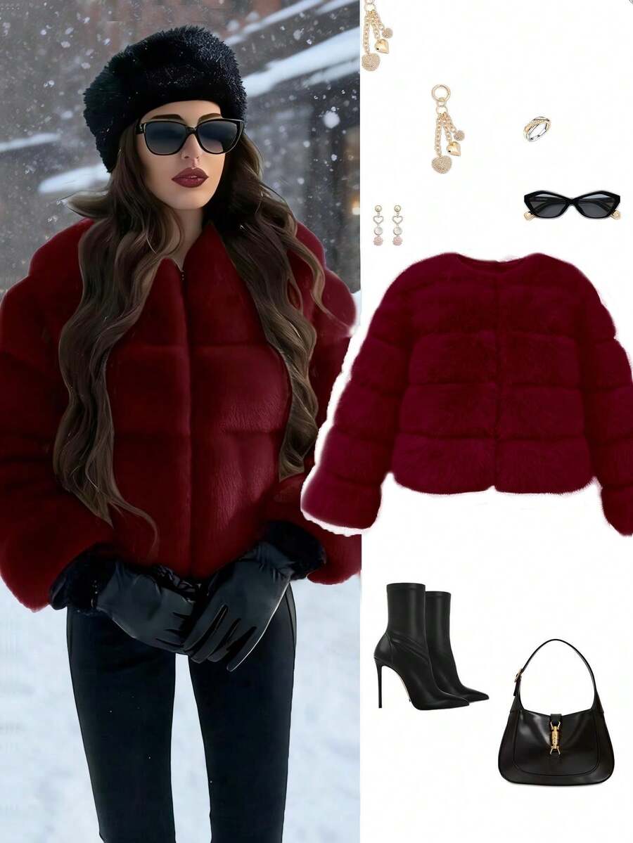 女士优雅修身轻薄仿狐狸毛外套，短袖奢华仿皮草大衣，欧美新款热销，冬季款 - 酒紅色 - 查看 1