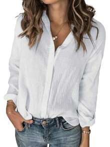 Women V Neck Cotton Linen Button Down Long Sleeve Shirt - trắng - Xem 3