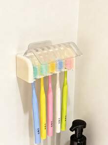 1pc Toothbrush Holder Wall Mount With Cover, Electric Toothbrush Organizer, Toothpaste Storage Rack, 2/5/6 Slots Bathroom Adhesive Toothbrush Holder, Bathroom Essentials, Christmas & New Year Daily Necessities