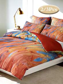 3Pcs Vibrant Oil Painting Print Duvet Cover Set, Luxurious Soft Lightweight Breathable Wrinkle-Resistant Bedding, (1 Duvet Cover + 2 Pillow Shams, No Filling), Suitable For Single, Dorm, Student, Home Bedroom, Hotel, Multi-Color, Extra Large Size - Red - View 1