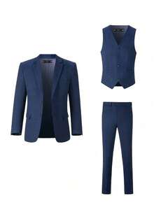 Boys 3 PiecesHerringbone Twill Suit Blazer Waistcoat Dress Pants For Wedding Birthday School Stage Formal Occasions Navy Blue Size 6-16Y - Navy Blue - View 3