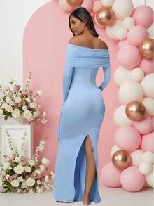 孕妇喇叭袖露肩修身开衩连衣裙，适合孕妇写真拍摄 - 淺藍色 - 查看 3