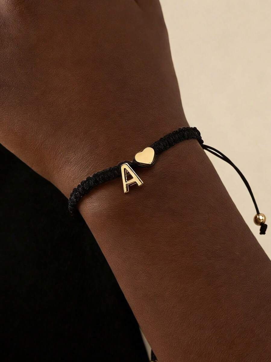 1条经典时尚简约心形26字母手工编织可调节男女通用手链，情人节礼物，送给男友的约会礼物 - 黑色 - 查看 1