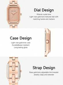 Anne Klein 女士方形小表盘腕表，时尚钢带休闲石英表，简约方形腕表，旅行礼物 - 玫瑰金 - 查看 3