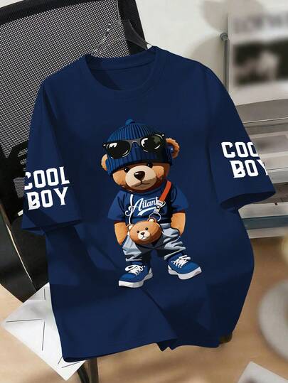 青少年圆领短袖T恤，可爱小熊字母印花，舒适新款春夏男童服装