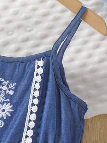 Girls Embroidered Blue Sleeveless Knee-Length Casual Dress, Summer - Blue - View 3