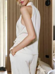 Women's Fashion Sleeveless Tank Top, Regular Length, Draped Knot Design, Polyester Fabric, Minimalist Style - Beige - View 6