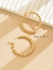 1 Pair Bohemian Style Metal Beaded Hoop Earrings, Geometric Circle Earrings For Women, Elegant Accessory For Holiday, Beach - Gold - View 6