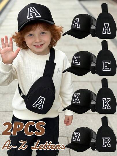 2pcs Kids Black 26 Letter Truck Driver Hat Set, Fashionable Minimalist Personalized Breathable Sunshade Perforated Design Baseball Cap & Compact Lightweight Versatile Pouch, Suitable As Gift Set For Children, Ideal For Boys/Girls Casual, Outdoor, School Wear In Spring/Summer
