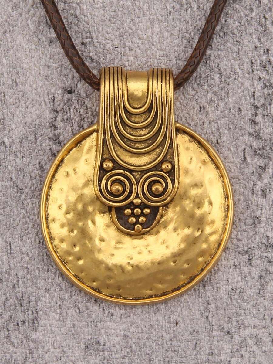 1件简约长链项链，配金色浮雕圆形吊坠，音乐节派对礼物，情侣礼物 - 浮雕圓牌 - 查看 1