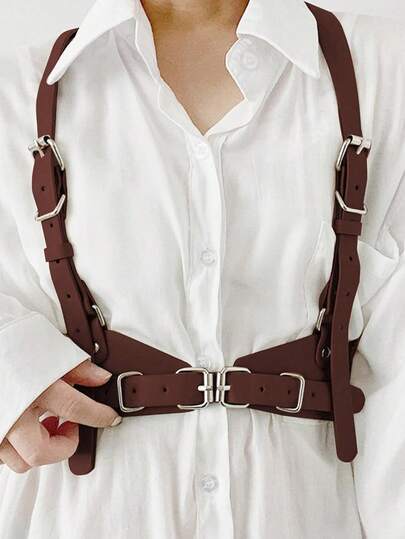 1pc Women's Punk Style Coffee Brown Leather Adjustable Corset Belt, Sexy Accessory For Shirts, Dresses, Jackets Or Casual Wear