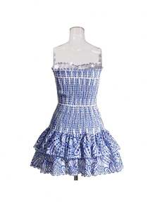 Vacation Outfits Women,Bohemian Resort Style Ruffled Strapless Embroidered Dress For Women With A Fitted Waist And Tiered Skirt - 藍色 - 查看 2