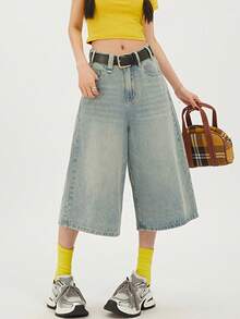 Women Jean Jorts Baggy Loose Fit Jean Shorts 2026 Summer Wide Leg Long Denim Shorts Y2K Clothes - 淺色水洗藍 - 查看 2