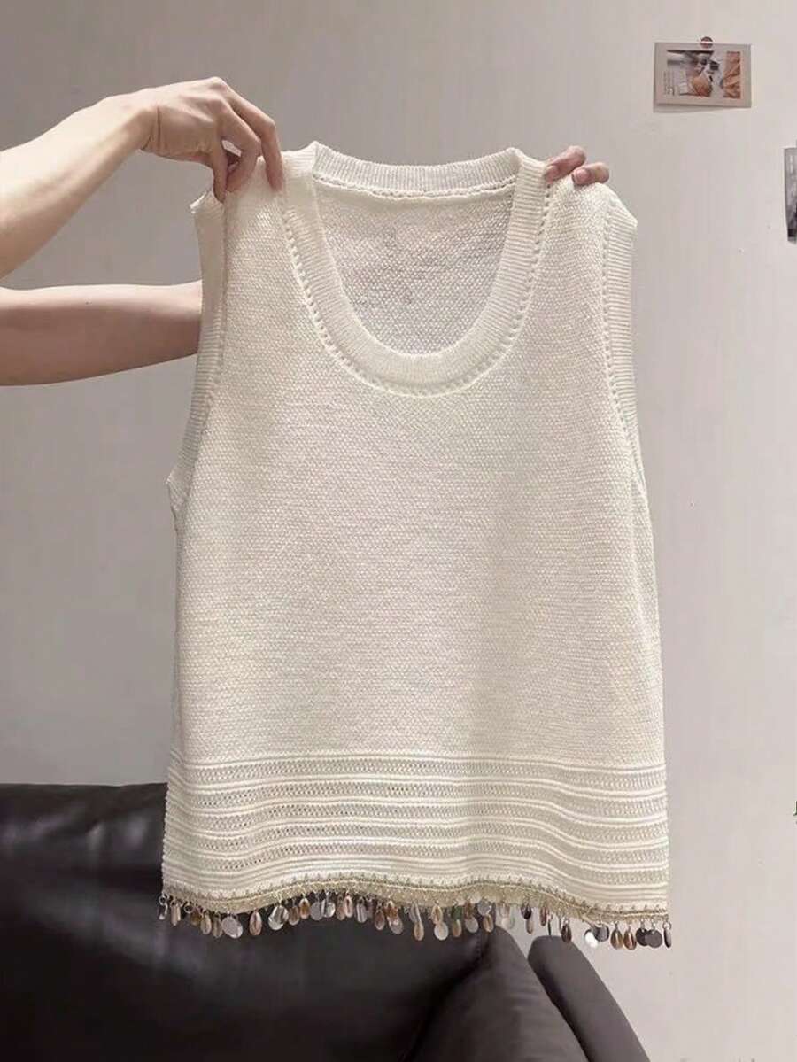 صدرية نسائية محبوكة ذات رقبة دائرية مزينة بشراشيب من الترتر، أنيقة وعملية، مناسبة للربيع والصيف والخريف، للارتداء اليومي والمناسبات والعطلات - لون شمبانيي - مشاهدة 1