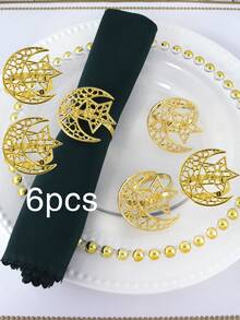 6pcs Rhinestone Hollow Star & Moon Gold Napkin Rings, Suitable For Holiday Table Decor, Banquet Napkin Holders, Minimalist Napkin Rings - Multicolor - View 9