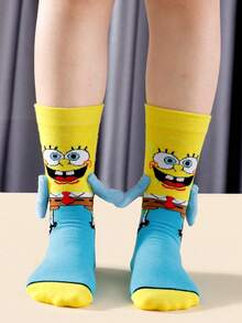 SpongeBob SquarePants 半双装可爱卡通联名磁性牵手海星图案中筒袜，透气吸湿，独特百搭，适合约会和日常穿着 - 彩色 - 查看 7