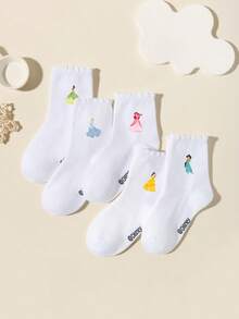 Disney 5/1 Pair Girls' Spring/Summer Versatile Campus Socks, Adorned With Lovely Vibrant Cartoon Princess Patterns, Cute & Fashionable, Soft & Breathable, Moisture-Wicking Sports Socks, Sweet & Comfortable Lace Trim Socks, Suitable For Parties, School, Outings, And Relaxation At Home - White - View 3