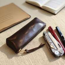 1pc Vintage Minimalist Large Capacity Pencil Case, PU Leather Storage Bag, Makeup Brush Organizer Pouch, Portable Travel Organizer Bag