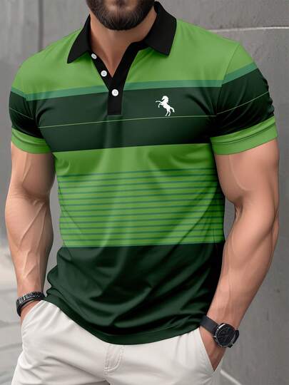 Men's Casual Striped Print Short Sleeve Polo Shirt Summer