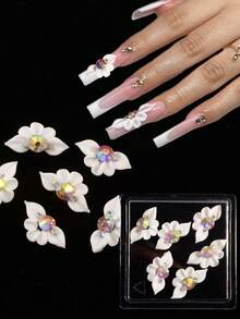 6/12/30pcs 3D Handmade Acrylic Flower Nail Art Decorations - Luxury White 3D Flowers With Rainbow Rhinestones And Golden Beads, Carved By Nail Artists, INS Trending Spring/Summer DIY Nail Supplies, Suitable For Women And Girls, Elegant Nail Stickers Nails - Yellow - View 5