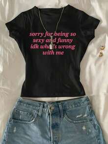 Playful Style Crop Top, Sorry For Being So Attractive And Humorous, I Don'T Know, Letter Print Short-Sleeve Round Neck T-Shirt. - Black - View 8
