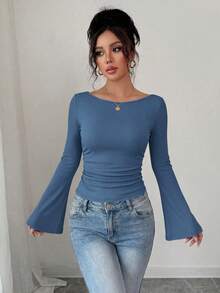 Women's Spring Fall Long Sleeve Shirts Crop Going Out Tops Casual Boat Neck Bell Sleeve Ribbed Ruched Y2K Clothes - Gray Blue - View 1