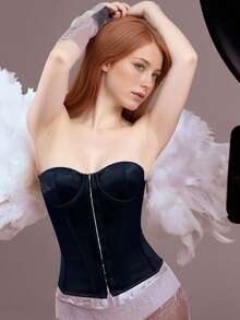 Women's Corset Tops Solid Color Hook And Eye Closure Front Bandeau Strapless Cropped Tops - Black - View 3