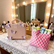 14英寸复古手提箱，迷你行李箱，轻便密码盒，旅行箱，粉色化妆包，蝴蝶贴纸，密码锁，送给女孩的理想礼物，创意生日礼物，个性化礼物，趣味礼物，送给妈妈的礼物，友谊礼物，适用于客厅、卧室、家居收纳、厨房、宿舍、办公室、储物 - 彩色 - 查看 1