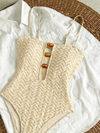 Women's Elegant Boho Spaghetti Strap One Piece Swimsuit With Beaded Cut Out Details And Textured Fabric High Stretch Bikinis